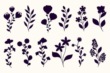 Leaves Flowers Branches Silhouettes Set Wild Plants Garden Flowers Silhouettes White 6
