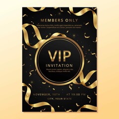 Luxury Golden Vip Invitation Black Gold Premium Template With Bokeh Lights Gold Confetti