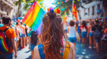Back View of LGBT Parade with Flags on Urban Street
