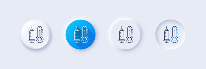Thermometer with vaccine line icon. Neumorphic, Blue gradient, 3d pin buttons. Temperature diagnostic sign. Fever measuring symbol. Line icons. Neumorphic buttons with outline signs. Vector - obrazy, fototapety, plakaty