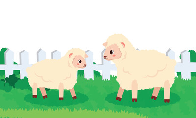 Vector illustration of cute sheep on the lawn. Cartoon scene of beautiful sheep with fluffy wool on a green lawn, fences, bushes. Sheep graze in the meadow. Fluffy sheep on the farm. Domestic animals.