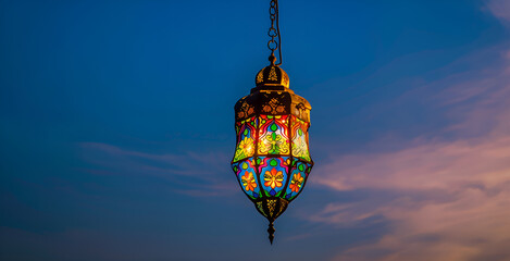Obraz premium Ramadan's Luminous Glow: The Enchanting Dance of Colors in an Illuminated Lantern