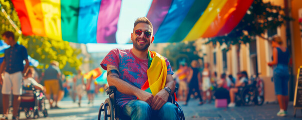 Gay Pride Festival: Wheelchair User with Rainbow Flags
