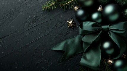 Naklejka premium Christmas ornaments black background green bow