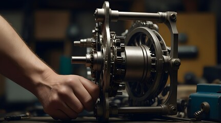 Fototapeta na wymiar A man is operating and repairing mechanical parts .Generative AI