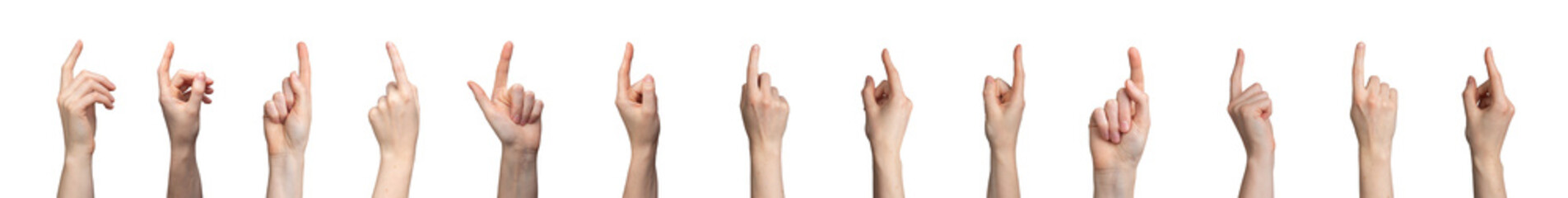 Fingers clicking, touching, pointing up, showing gestures, signs, big hand set isolated on white, transparent png