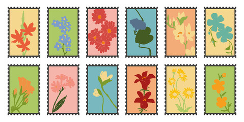 Floral postal stamps collection. Minimalistic