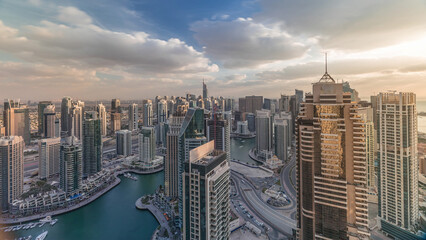 Dubai Marina skyscrapers and jumeirah lake towers view from the top aerial timelapse in the United Arab Emirates.