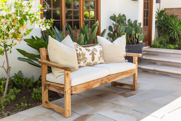 An outdoor wooden bench with cushions, set against the backdrop of an elegant front yard garden in California, featuring plants and cacti. The intricately detailed bench showcases natural wood texture