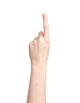 Index finger pointing up, showing something, hand raised, indicating and clicking gesture isolated, transparent png