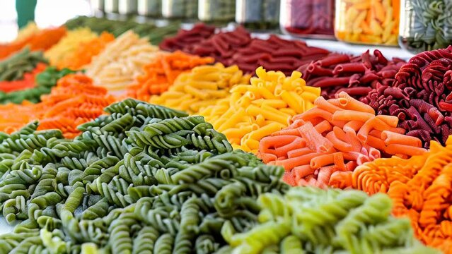 A wide variety of colorful pasta is displayed on a table in a market.
