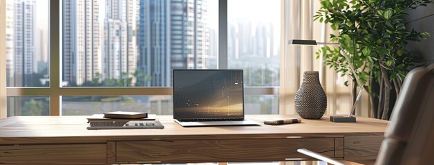 a well-lit modern home office, featuring a sleek wooden desk adorned with a notebook, laptop, and decorative vase, with a cityscape visible through the large window.