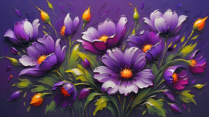  colorful purple flowers painted with oil paint