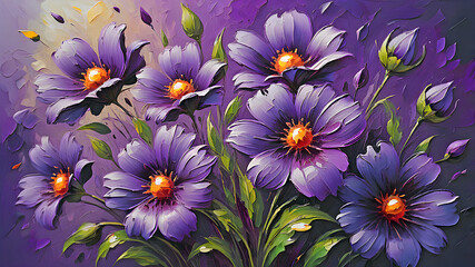 colorful purple flowers painted with oil paint