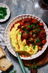 Coq au vin chicken meatballs with mashed potatoes. - 781553469