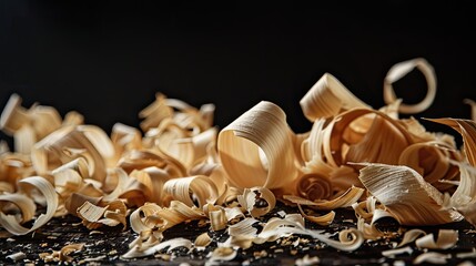 wood shavings against a stark black background, capturing the contrast between nature's texture and darkness.