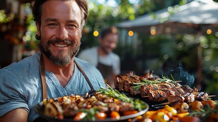 Man holds big plate with roasted meat and vegetables prepared on grill