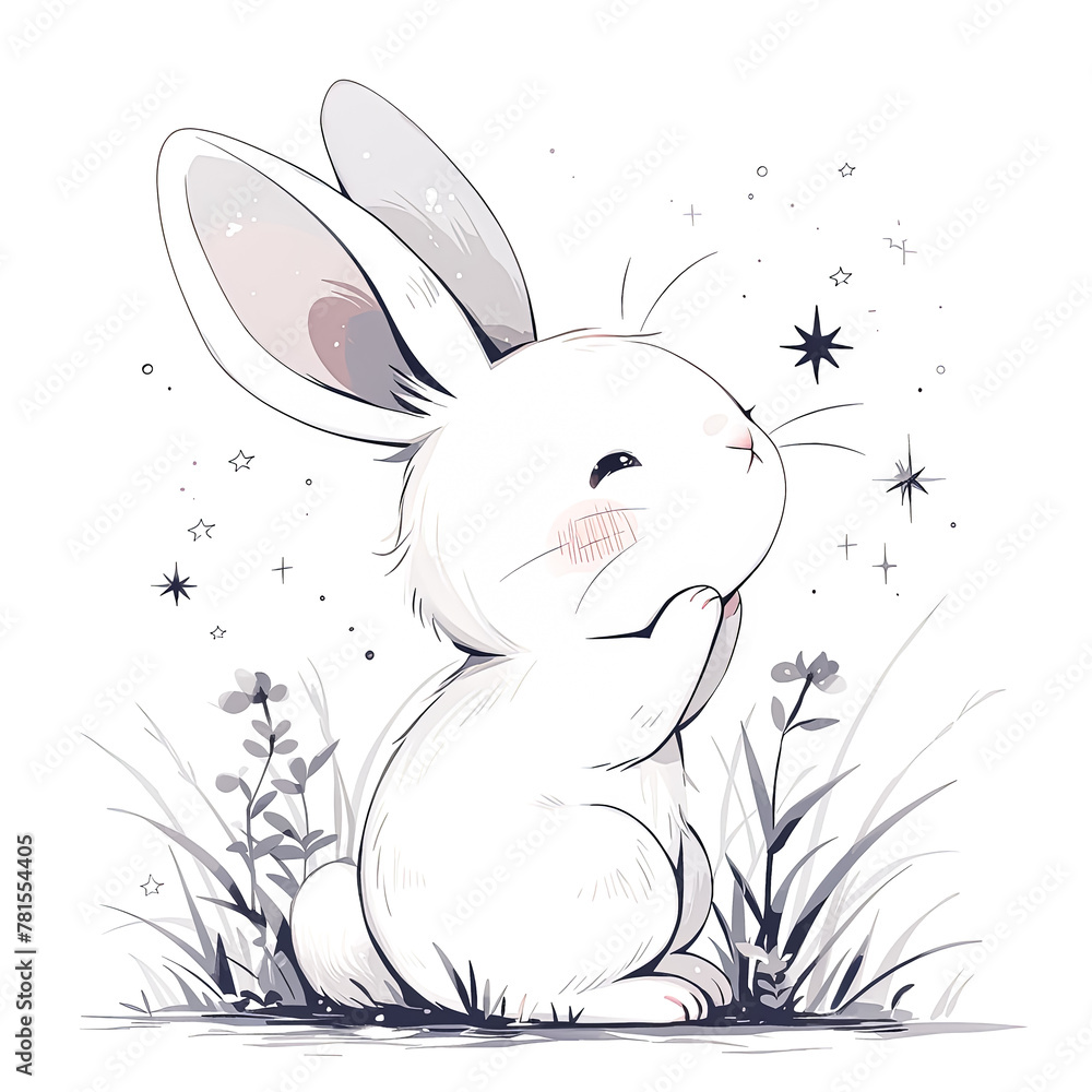 Poster a rabbit with its ears up and looking at the camera. the rabbit is surrounded by stars, which give t