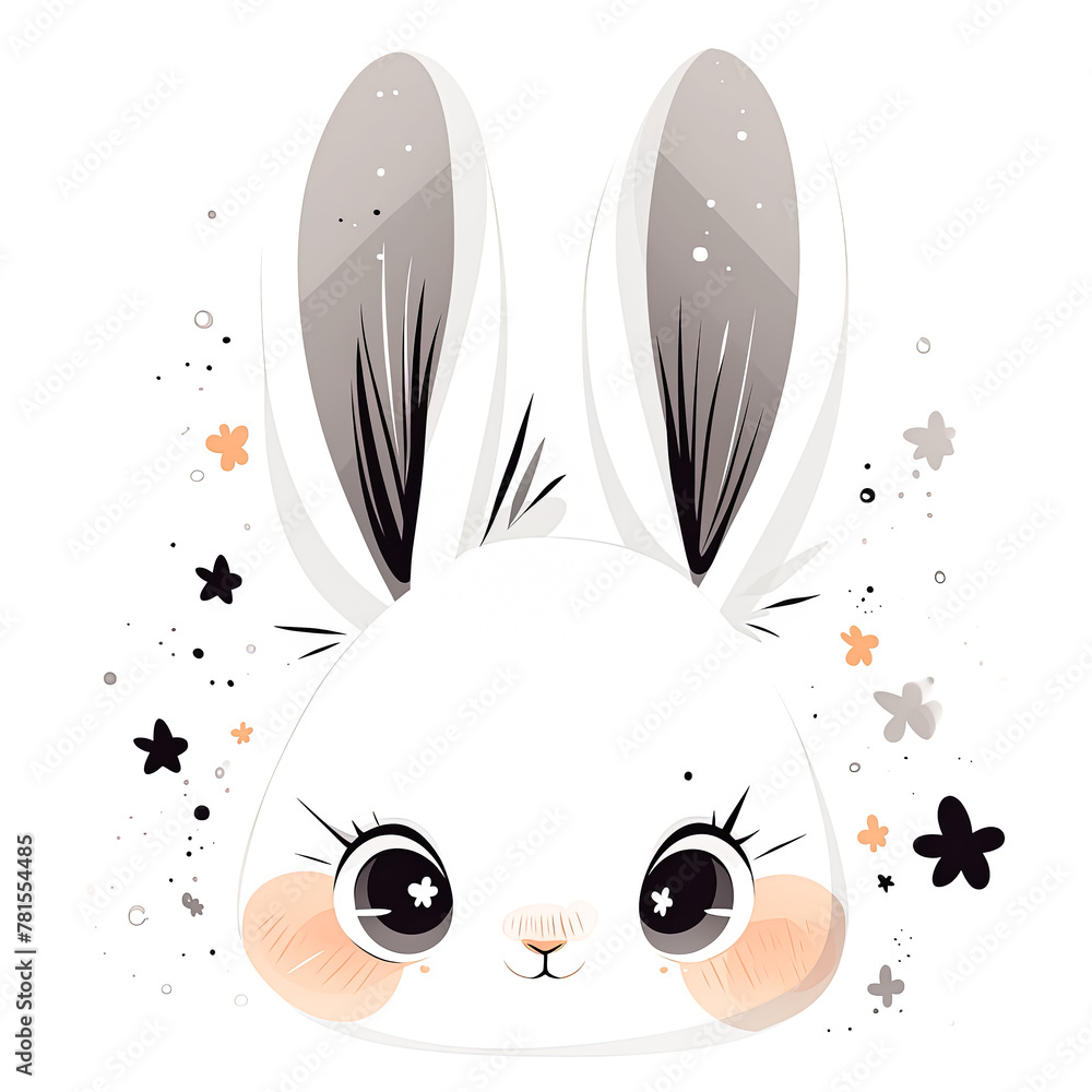 Poster a rabbit with its ears up and looking at the camera. the rabbit is surrounded by stars, which give t