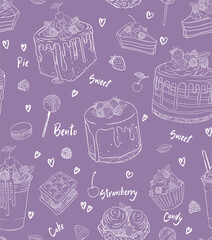 seamless pattern Hand drawn vector template of menu with desserts, sweets and bakery products. Birthday and holidays. Love texture for wrapping paper, wallpaper, textile design