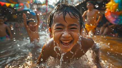 Obraz premium Joyful Songkran Water Fight Captures the Spirit of Thai Cultural