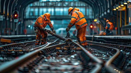 two male railway workers, clad in fluorescent orange workwear, as they perform mechanical actions on railway tracks under a high-saturation industrial style setting. - obrazy, fototapety, plakaty