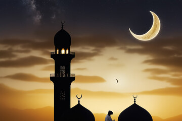 Islamic Night Mubarak. Landscape Design Building Sunset Black Ramadan. Mosques Dome with Crescent Moon. Islamic New Year. - Powered by Adobe