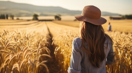 a woman in a hat looking at a field of wheat