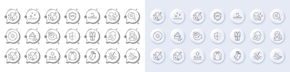 Serum oil, Sun protection and Collagen skin line icons. White pin 3d buttons, chat bubbles icons. Pack of Socks, Healthy face, Folate vitamin icon. Vector