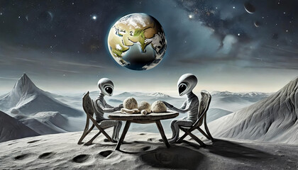 grey alien on the moon surface – eating dinner
