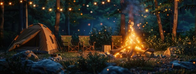 a crackling bonfire, its flames dancing amidst the surrounding forest, with chairs and a camping tent nearby. - obrazy, fototapety, plakaty