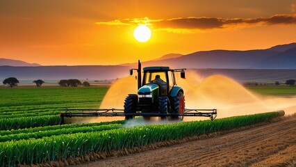 Fototapeta premium tractor sprays fertilizer on agricultural plants on the rapeseed field, agricultural crop at sunset with information infographic data for agriculture industry and food supply production concepts.