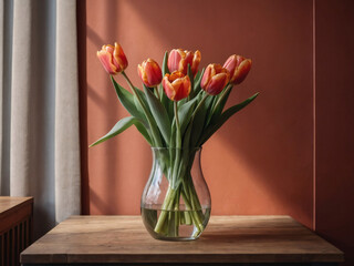 Glass vase with tulips bouquet atop a wooden table, contrasting beautifully with a blank coral wall in a minimalist home interior setting.