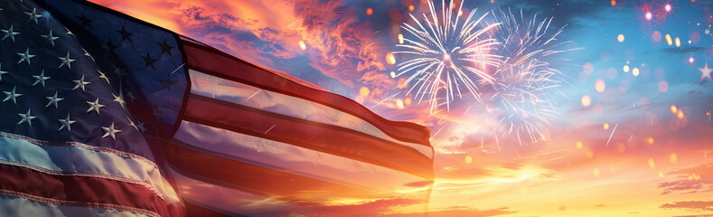 Photo of the American flag waving in the wind with fireworks at sunset in the background, banner design. Wide angle lens photorealistic daylight scene. 4th of July, President's Day, Independence Day - obrazy, fototapety, plakaty