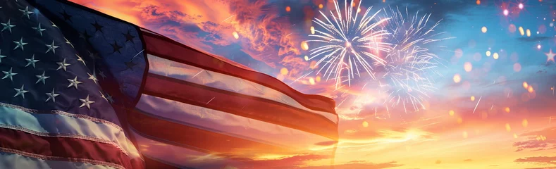  Photo of the American flag waving in the wind with fireworks at sunset in the background, banner design. Wide angle lens photorealistic daylight scene. 4th of July, President's Day, Independence Day © SappiStudio