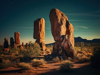 a group of rocks in a desert - obrazy, fototapety, plakaty
