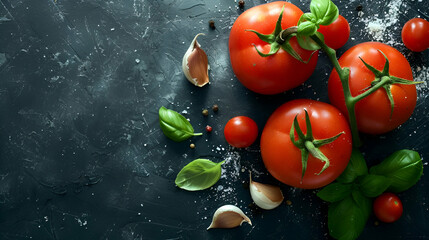 Fresh Tomatoes and Basil on Dark Slate, Rustic Culinary Style, Healthy Eating Concept, with Copy Space