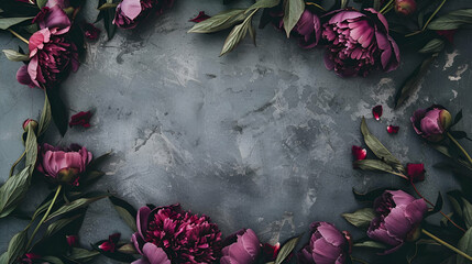 Dark Floral Frame with Deep Purple Peonies, Moody Botanical Style, Elegant Backdrop Concept, with Copy Space