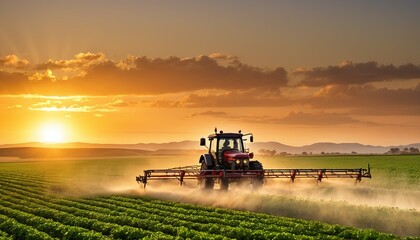 Fototapeta premium tractor sprays fertilizer on agricultural plants on the rapeseed field, agricultural crop at sunset with information infographic data for agriculture industry and food supply production concepts.