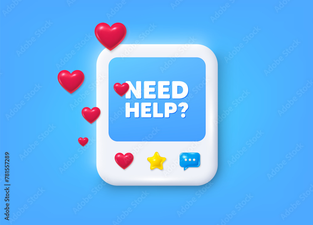 Poster social media post 3d frame. need help tag. support service sign. faq information symbol. need help m