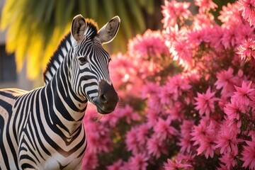 Fototapeta premium a zebra standing in front of pink flowers