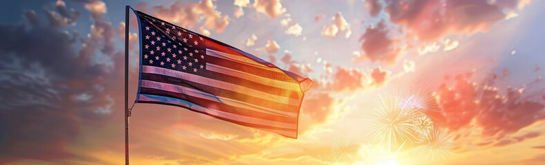 American flag waving in the wind with fireworks at sunset background banner design for greeting card celebration attention, United States National Day or Independence Day, flare lights on dark sky