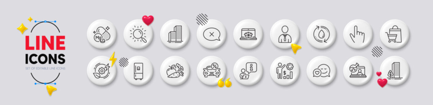 Refill water, Online chemistry and Vegetables line icons. White buttons 3d icons. Pack of Refrigerator, Reject, Car leasing icon. Skyscraper buildings, Interview, Buildings pictogram. Vector