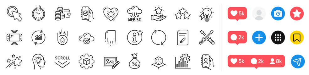 Screwdriverl, User call and Ranking stars line icons pack. Social media icons. Refresh, Update data, Time web icon. Electricity bulb, Loyalty program, Recovery file pictogram. Vector