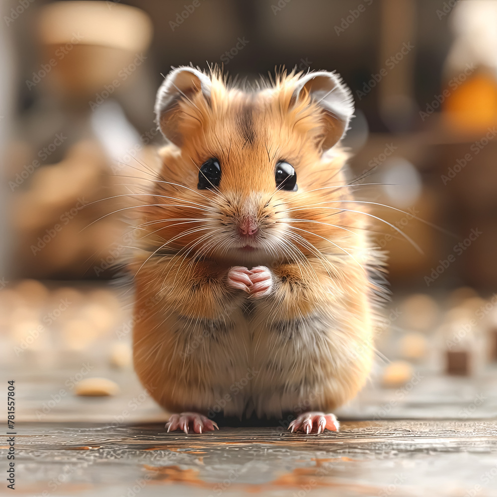 Poster a small hamster is standing on a surface next to a rusty object. the hamster appears to be curious a