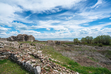 The scenic views of Kubadabad Palace was a complex of summer residences built for sultan Kayqubad I (1220–1237), ruler of the Sultanate of Rum, is located on the shores of Lake Beyşehir, Konya, Turkey