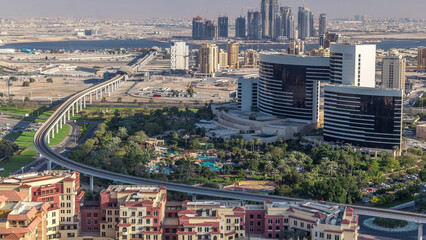 View of new modern buildings and high traffic in luxury Dubai city, United Arab Emirates Timelapse...