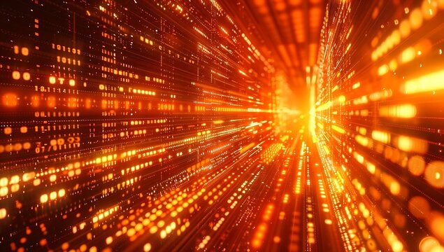 Abstract orange digital background with binary coding & glowing lights. Futuristic big data visual technological and data transfer glowing lines abstract background, Illustration.