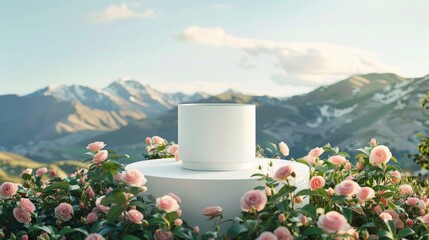 a white plastic pot positioned on a luxurious platform amidst a profusion of roses, with distant mountains creating a high-definition backdrop, ensuring the pot remains unobstructed. - obrazy, fototapety, plakaty