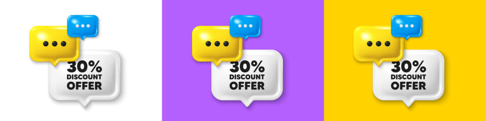 Chat speech bubble 3d icons. 30 percent discount tag. Sale offer price sign. Special offer symbol. Discount chat text box. Speech bubble banner. Offer box balloon. Vector
